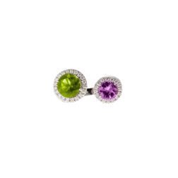Open Design Ring with 9mm Peridot and 7mm Amethyst surrounded by Diamonds