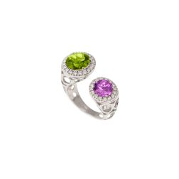 Open Design Ring with 9mm Peridot and 7mm Amethyst surrounded by Diamonds