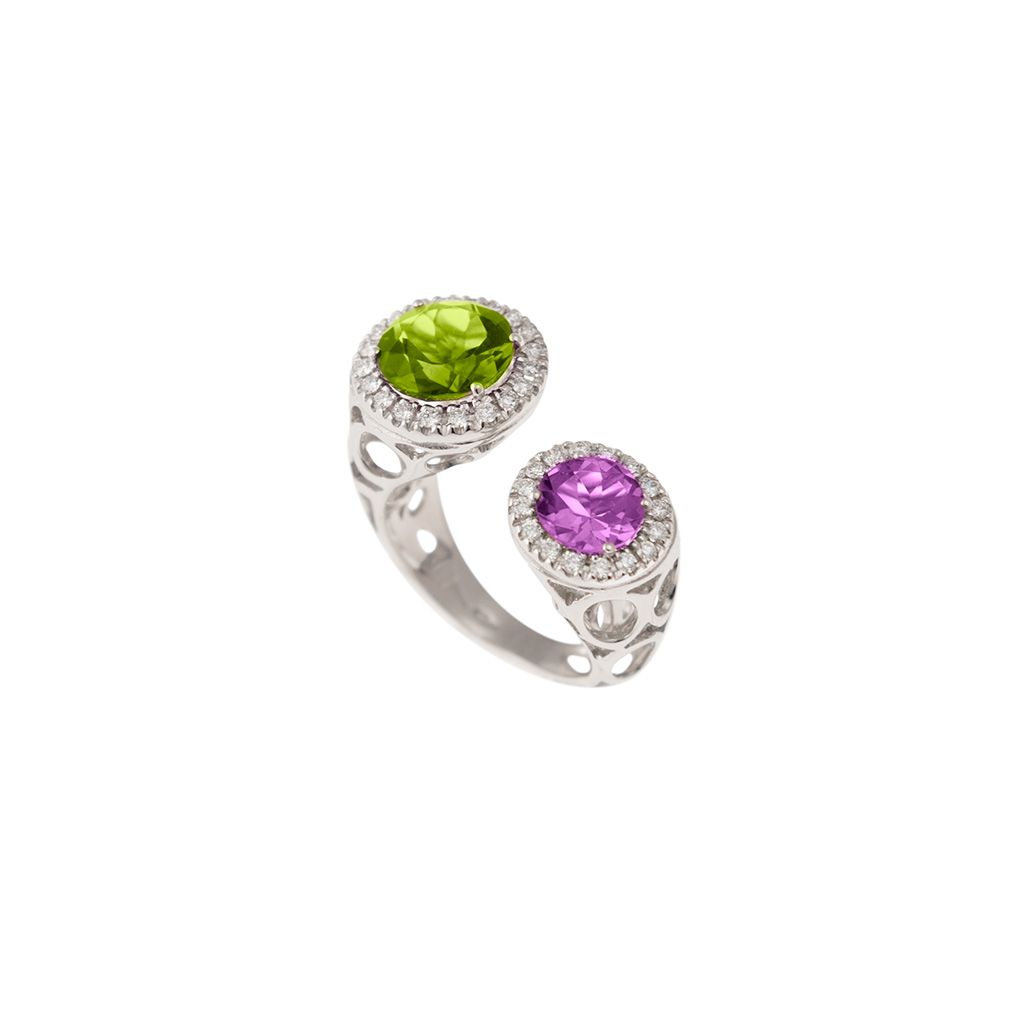 Open Design Ring with 9mm Peridot and 7mm Amethyst surrounded by Diamonds