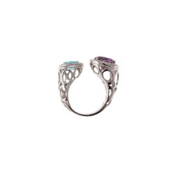 Open Design Ring with 9mm Amethyst and 7mm Acquamarine surrounded by Diamonds