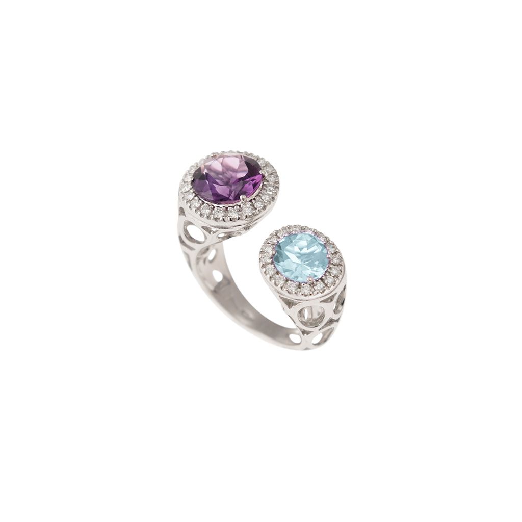 Open Design Ring with 9mm Amethyst and 7mm Acquamarine surrounded by Diamonds