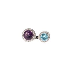 Anello Design Aperto Ametista 9mm e Acquamarina 7mm contorno Diamanti