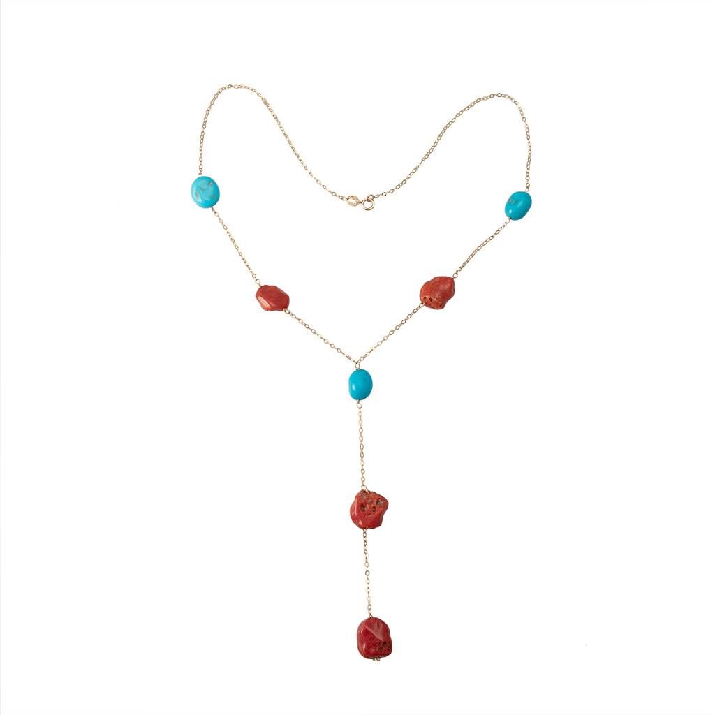 Y Necklace in Yellow Gold and Red Coral and Turquoise