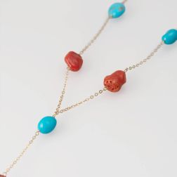 Y Necklace in Yellow Gold and Red Coral and Turquoise