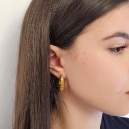 Photo of worn yellow gold Hoop Earrings with enamel and animal motif 2.80cm x 5.20mm