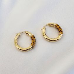 Boccole tonde oro giallo con smalto motivo animalier leopardato - 2.80cm x 5.20mm