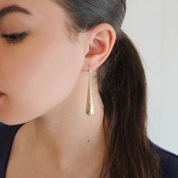 photo of worn Super-lightweight elongated Faceted Prism pendant earrings in yellow gold