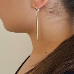 photo of worn Super-lightweight Stiletto pendant earrings in yellow gold