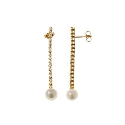 Yellow Gold Dangle Earrings with 34 Diamonds and Akoya Pearls