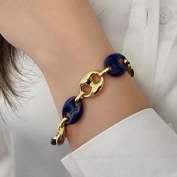 Photo of worn Marine Chain Bracelet in Yellow Gold 15mm and Lapis Lazuli 15.50mm