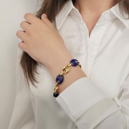 Photo of worn Marine Chain Bracelet in Yellow Gold 15mm and Lapis Lazuli 15.50mm