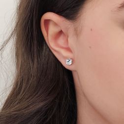 Photo of worn Solitary Studs earrings with round 5.80mm acquamarines in 18kt white gold