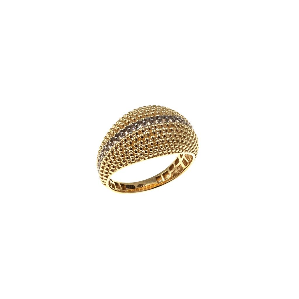 Anello Bombato Godronato in Oro Giallo con Zirconi