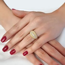 phot of worn Yellow Gold Curved Knurled Ring with Zircons