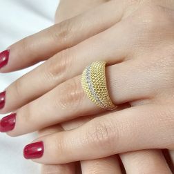 phot of worn Yellow Gold Curved Knurled Ring with Zircons