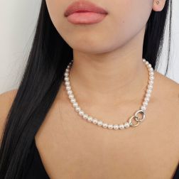 Photo of worn Akoya Pearl Necklace with Curved Double-Colored Clasp