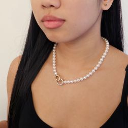 Photo of worn Akoya Pearl Necklace with Curved Double-Colored Clasp