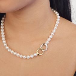 Photo of worn Akoya Pearl Necklace with Curved Double-Colored Clasp