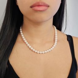 Photo of worn Akoya Pearl Necklace with Curved Double-Colored Clasp