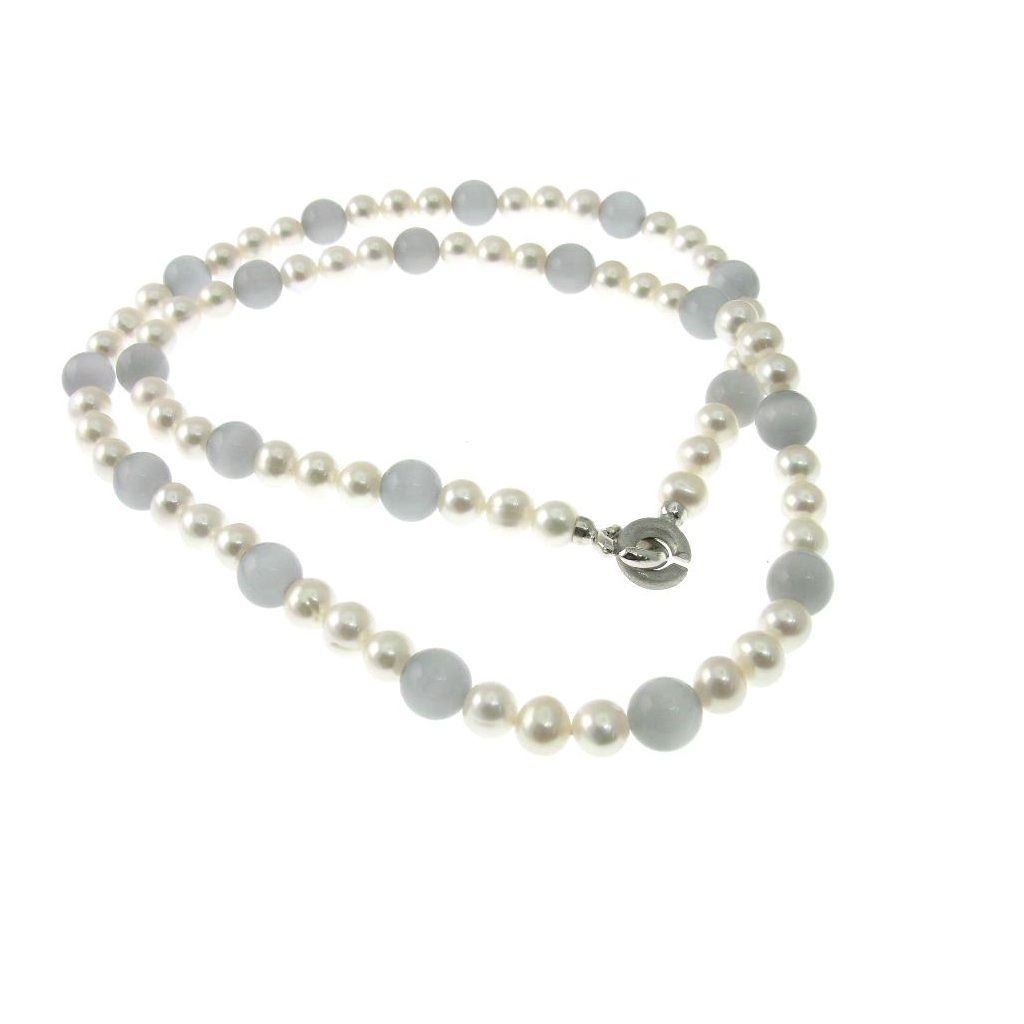 Collana lunga 69cm con Perle Bianche e Occhio di gatto