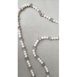 Collana lunga 69cm con Perle Bianche e Occhio di gatto