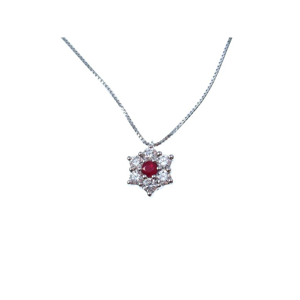 Collana con ciondolo Fiore 12mm Rubino centrale e Diamanti contorno