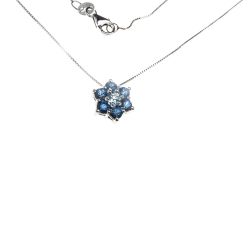 Collana con ciondolo Fiore 9mm Acquamarina centrale e Zaffiri Blu contorno