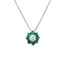 Necklace with a 9mm flower pendant with a 0.24ct GIA central diamond and emeralds