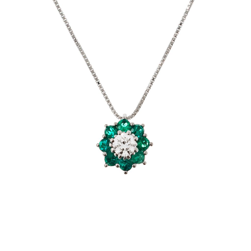 Collana con ciondolo Fiore 9mm Diamante 0.24ct GIA centrale e Smeraldi