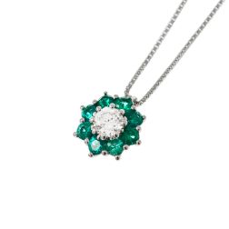 Collana con ciondolo Fiore 9mm Diamante 0.24ct GIA centrale e Smeraldi