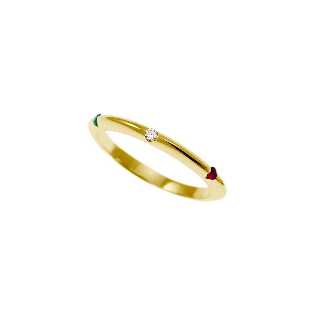 Thin Pyramid Band with Diamonds, Blue Sapphire, Ruby, Emerald on Yellow Gold