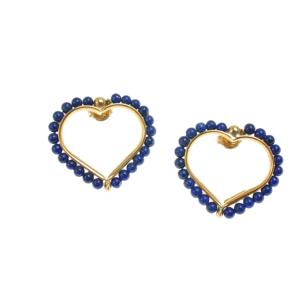 18kt Yellow Gold Lobe Earrings – Heart with Blue Lapis