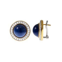 Orecchini Lapislazzuli Cabochon tondo con giro di Diamanti - Bicolor