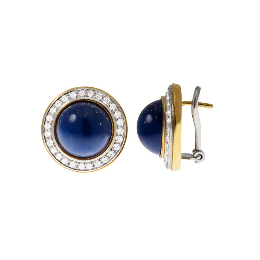 Orecchini Lapislazzuli Cabochon tondo con giro di Diamanti - Bicolor