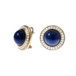 Orecchini Lapislazzuli Cabochon tondo con giro di Diamanti - Bicolor