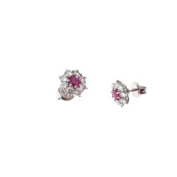 4mm Ruby Flower Earrings with 16 Diamonds