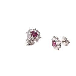 4mm Ruby Flower Earrings with 16 Diamonds