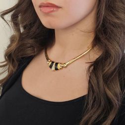 Photo of worn Yellow Gold segmented necklace with Onyx and pavé Diamonds