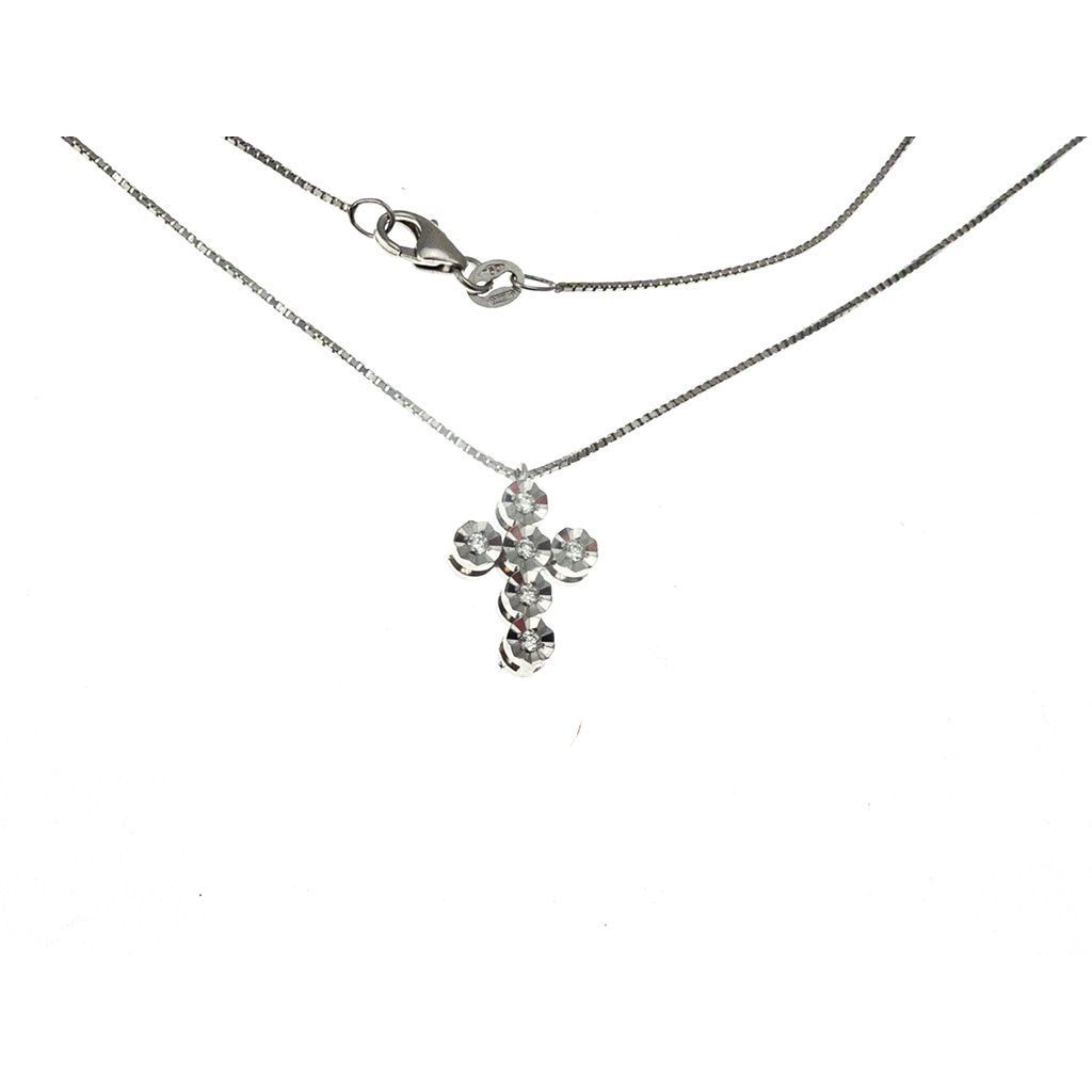 Cross Necklace with 6 Faceted Circle Diamonds - Venetian chain