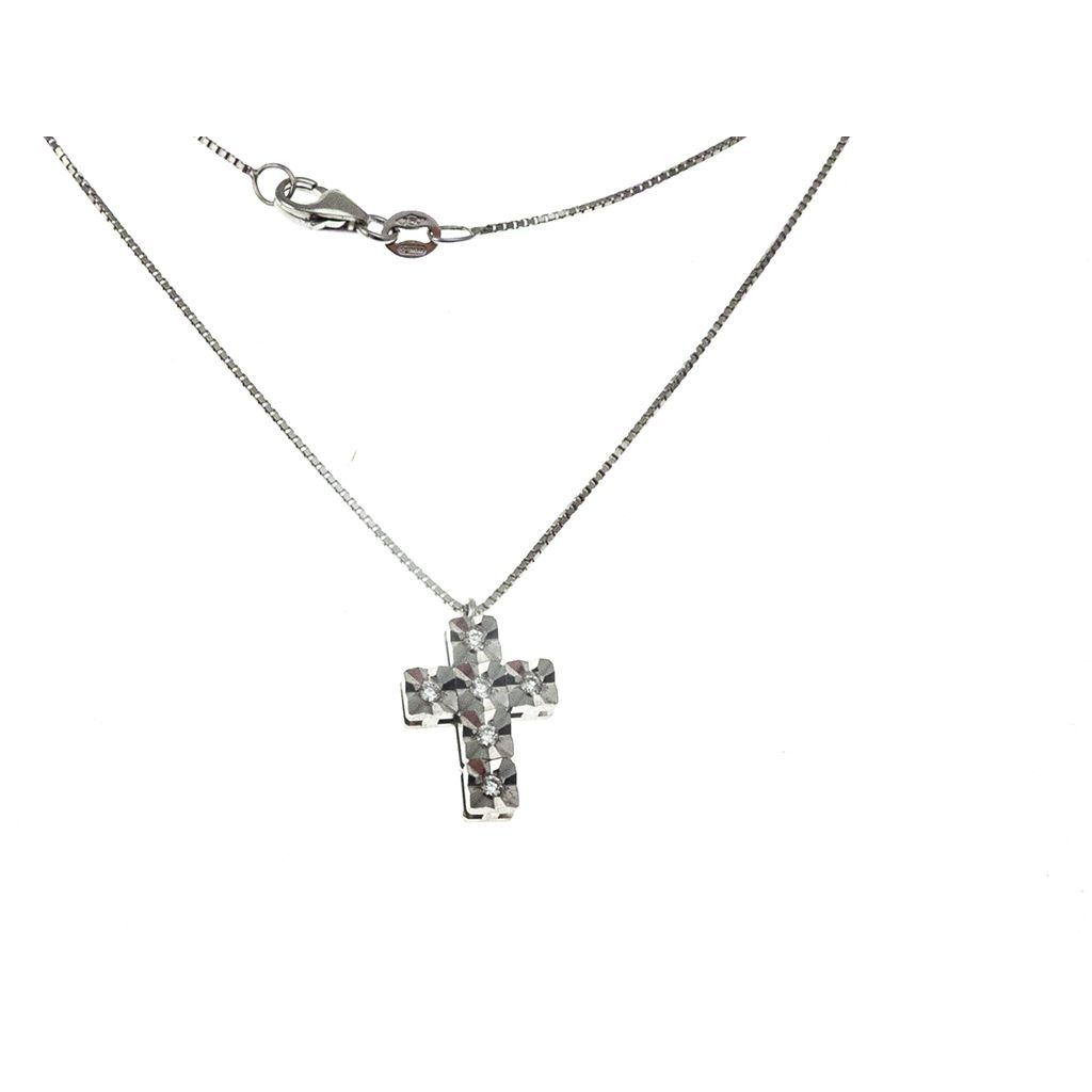 Cross Necklace with 6 Faceted Square Diamonds - Venetian chain