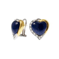 Heart Cabochon Lapis earrings and Diamond on side Bi-colour