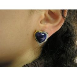 Photo of worn Heart Cabochon Lapis earrings and Diamond on side Bi-colour
