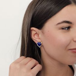 Photo of worn Heart Cabochon Lapis earrings and Diamond on side Bi-colour