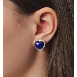 Photo of worn Heart Cabochon Lapis earrings and Diamond on side Bi-colour
