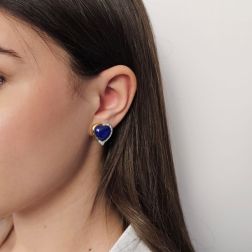 Photo of worn Heart Cabochon Lapis earrings and Diamond on side Bi-colour