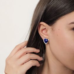 Photo of worn Heart Cabochon Lapis earrings and Diamond on side Bi-colour