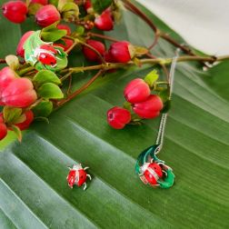 Gold Ladybug on Bronze Leaf Pendant