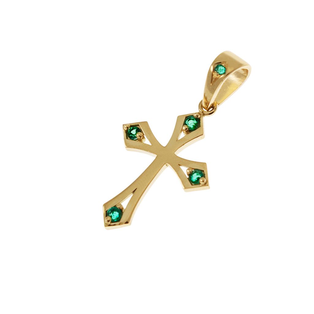 Gothic Cross Pendant in Yellow Gold with Emerald