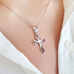 Photo of worn Gothic Cross Pendant in White Gold with Rubies