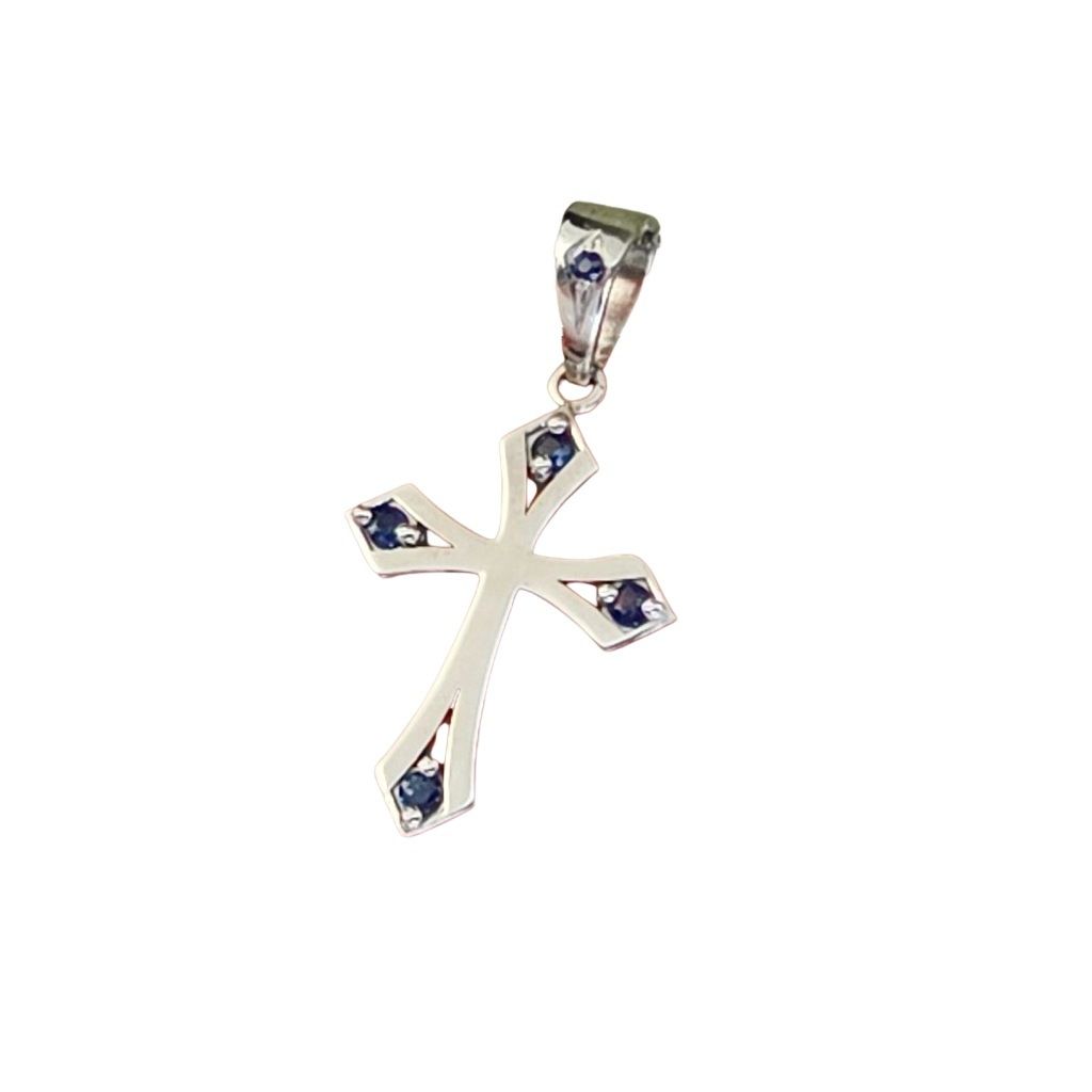 Gothic Cross Pendant in White Gold with Blue Sapphires